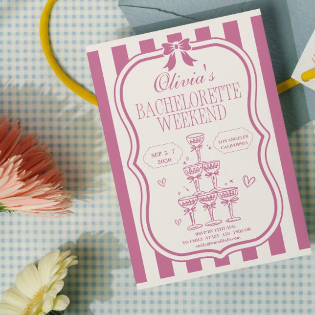 Retro Pink Bow & Martini Bachelorette & Itinerary Invitation (Creator Uploaded)