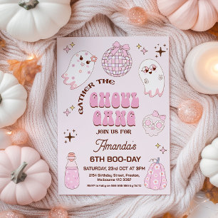 Retro Pink Brown Halloween Ghoul Gang Birthday Invitation