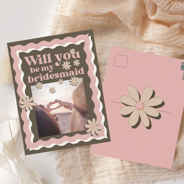 Retro Pink Brown Photo Wavey Bridesmaid Proposal  Postcard (Creator Uploaded)