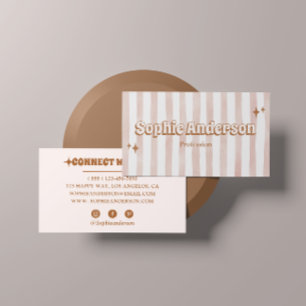 Retro Pink & Brown Striped with Social Media  Business Card