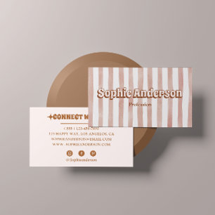 Retro Pink & Brown Striped with Social Media  Business Card