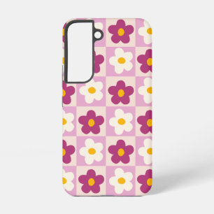 Retro Pink & Burgundy Flower Chequerboard Pattern Samsung Galaxy Case