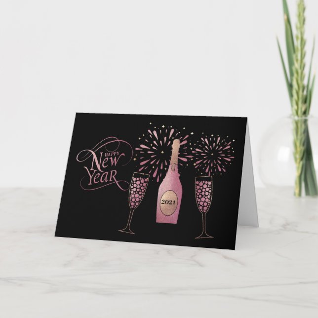 Retro Pink Champagne Fireworks New Year Holiday Card (Front)