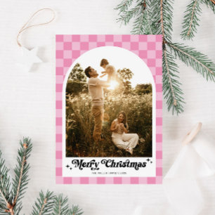 Retro Pink Chequered Arch Family Photo Holiday Card
