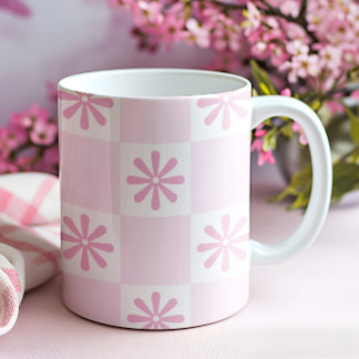 Retro Pink Chequered Chequered Floral Pattern Coffee Mug