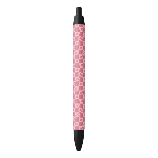 Retro Pink Chequered Floral Pattern Black Ink Pen (Front Vertical)