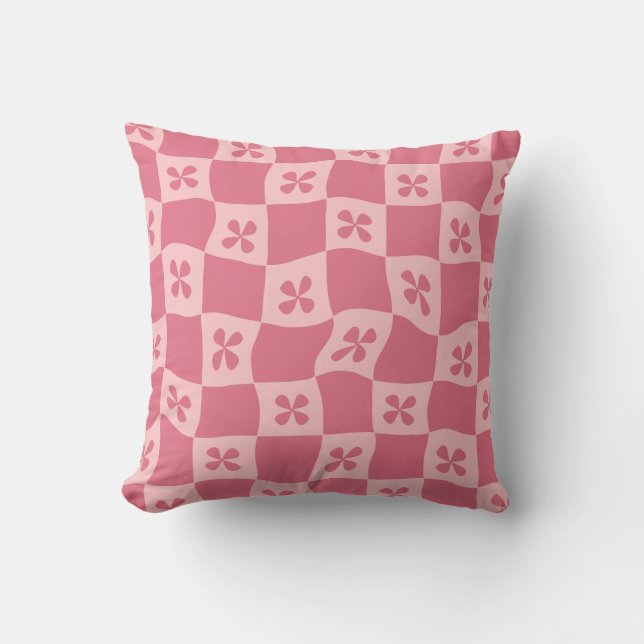 Retro Pink Chequered Floral Pattern Cushion (Front)