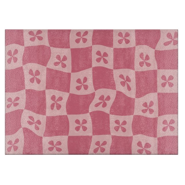 Retro Pink Chequered Floral Pattern Cutting Board (Front)