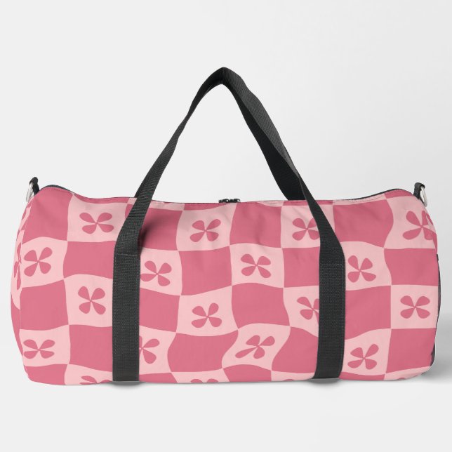 Retro Pink Chequered Floral Pattern Duffle Bag (Front)