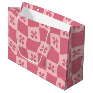 Retro Pink Chequered Floral Pattern Large Gift Bag