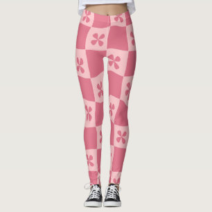 Retro Pink Chequered Floral Pattern Leggings