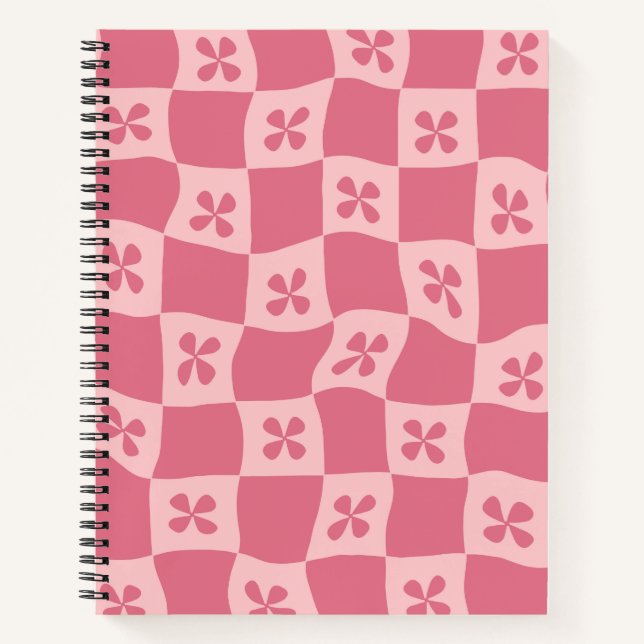 Retro Pink Chequered Floral Pattern Notebook (Front)
