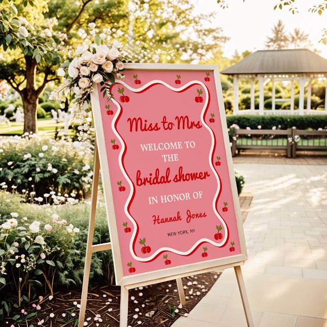 Retro pink Cherry Valentine Bridal Shower Welcome Poster (Creator Uploaded)