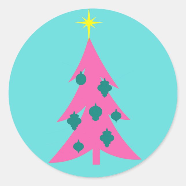 Retro Pink Christmas Tree Round Stickers (Front)