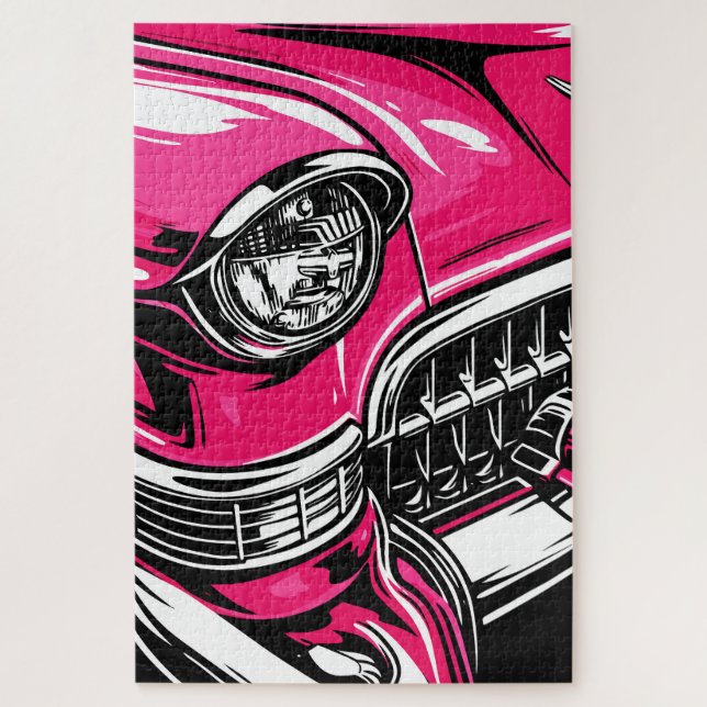 Retro Pink Classic Car Front Pop Art Illustration Jigsaw Puzzle (Vertical)
