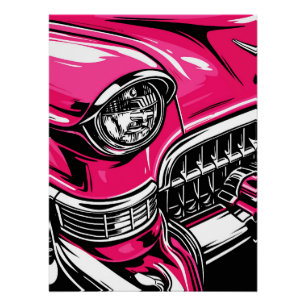 Retro Pink Classic Car Front Pop Art Illustration Poster