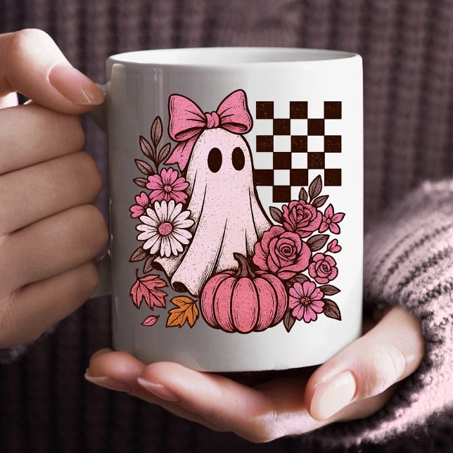 Retro Pink Coquette Ghost Girl with Bow Halloween Coffee Mug (This coquette ghost retro Halloween design combines floral sweetness with spooky spirit.)