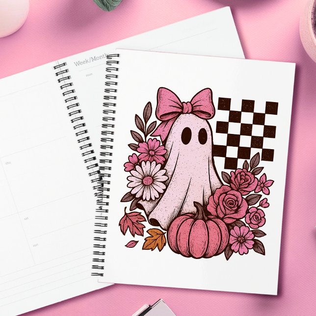 Retro Pink Coquette Ghost Girl with Bow Halloween Planner (This coquette ghost retro Halloween design combines floral sweetness with spooky spirit.)