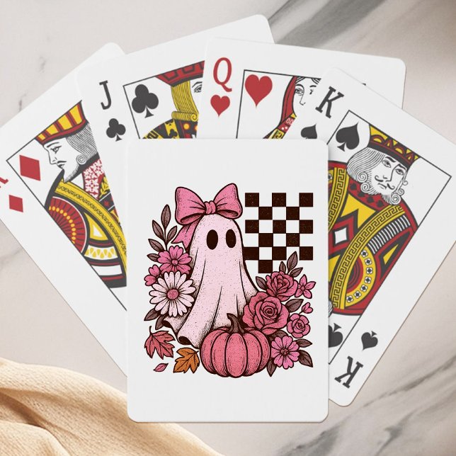 Retro Pink Coquette Ghost Girl with Bow Halloween Playing Cards (This coquette ghost retro Halloween design combines floral sweetness with spooky spirit.)