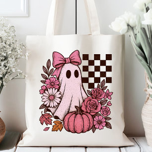 Retro Pink Coquette Ghost Girl with Bow Halloween Tote Bag