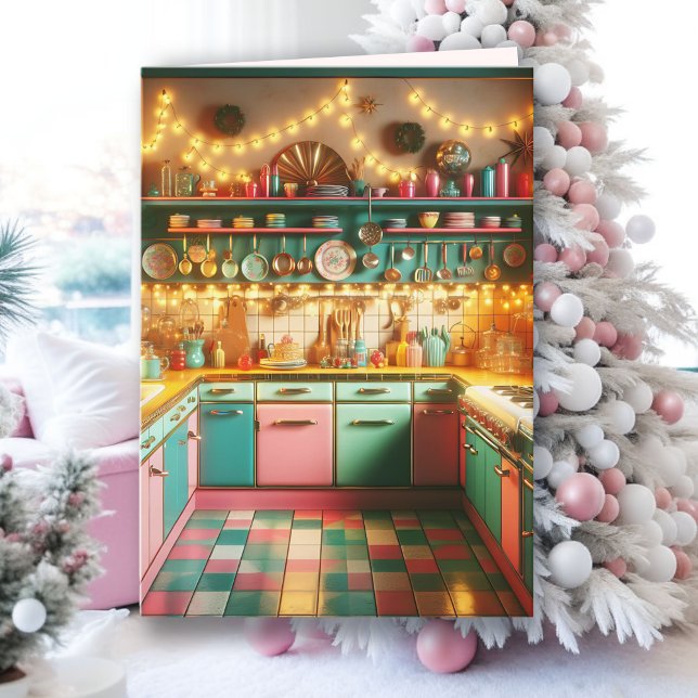 Retro Pink Cottage Kitsch Kitchen Christmas Card (Creator Uploaded)
