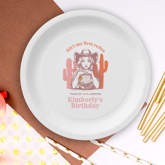 Retro Pink Cowgirl Disco Ball Birthday Party Paper Plate (Creator Uploaded)