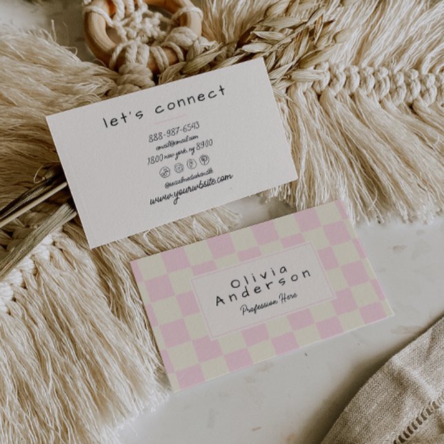 Retro Pink Cream Wavy Chequered Boho Pastel Business Card (Creator Uploaded)