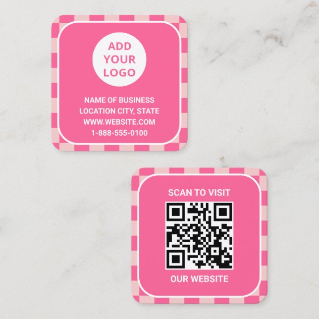 Retro Pink Custom Logo and QR Code Square Business Card (Front/Back)
