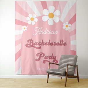 Retro Pink Daisy 70s Bachelorette Party Backdrop Tapestry