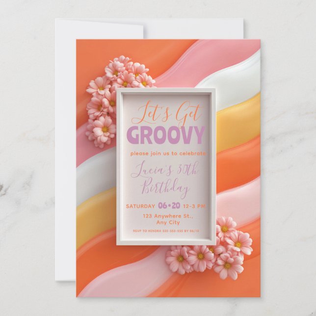 Retro Pink Daisy and Orange Gummy Waves Birthday Invitation (Front)