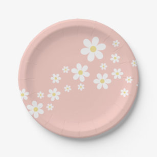 Retro Pink Daisy Birthday Paper Plate