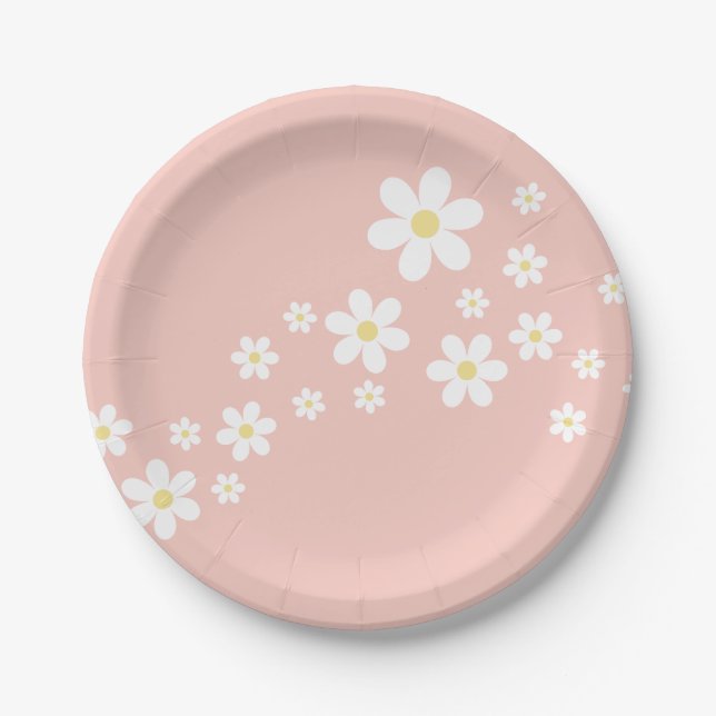 Retro Pink Daisy Birthday Paper Plate (Front)