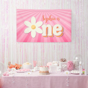 Retro Pink Daisy First Birthday Banner   Boho Flor
