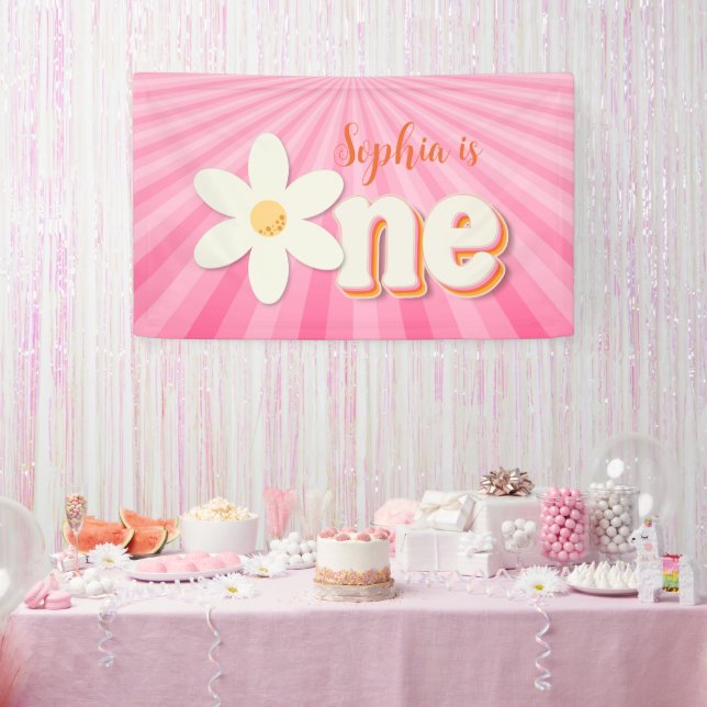 Retro Pink Daisy First Birthday Banner | Boho Flor (Party)