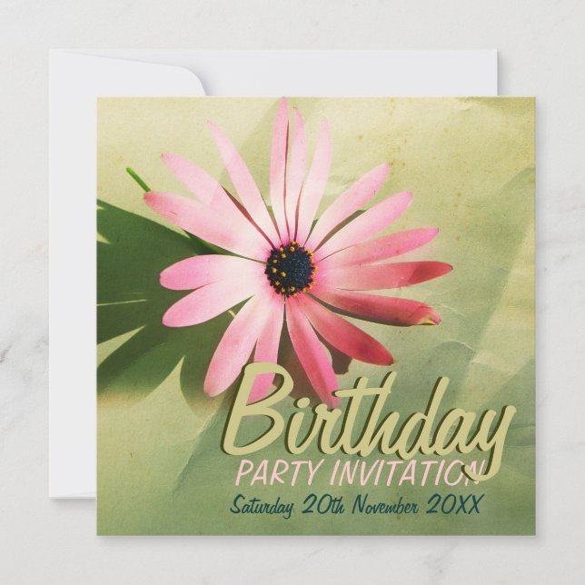 Retro Pink Daisy Flower Birthday Invitations (Front)