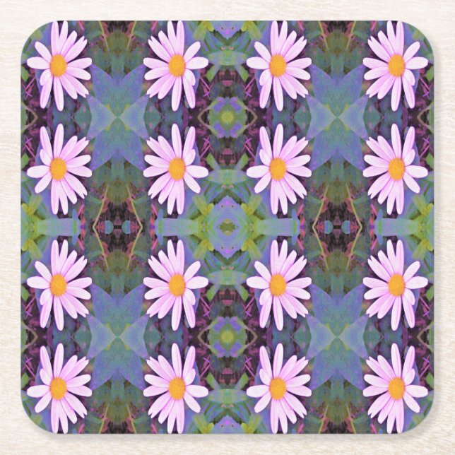 Retro Pink Daisy Flower Pattern Square Paper Coaster (Front)