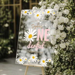 Retro Pink Daisy ONEderful 1st Birthday Party Acrylic Sign