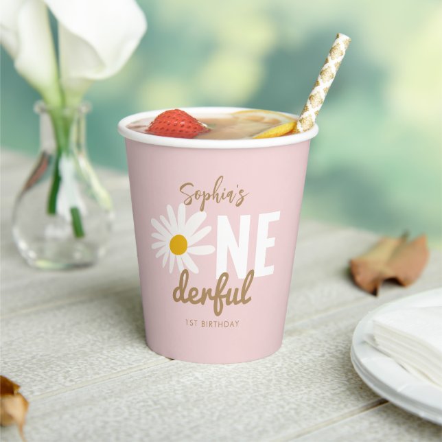 Retro Pink Daisy ONEderful 1st Birthday Party Paper Cups (Insitu)