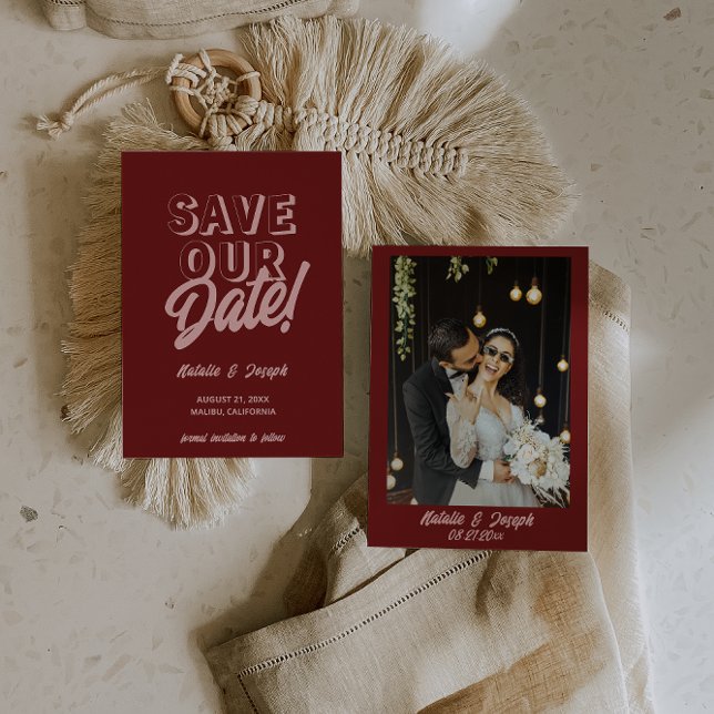 Retro Pink Deep Red Modern Unique Photo Wedding Save The Date (Creator Uploaded)