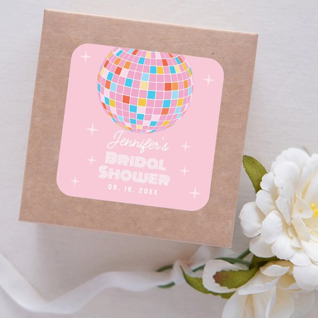 Retro Pink Disco Ball 70s 80s Themed Bridal Shower Square Sticker (Creator Uploaded)