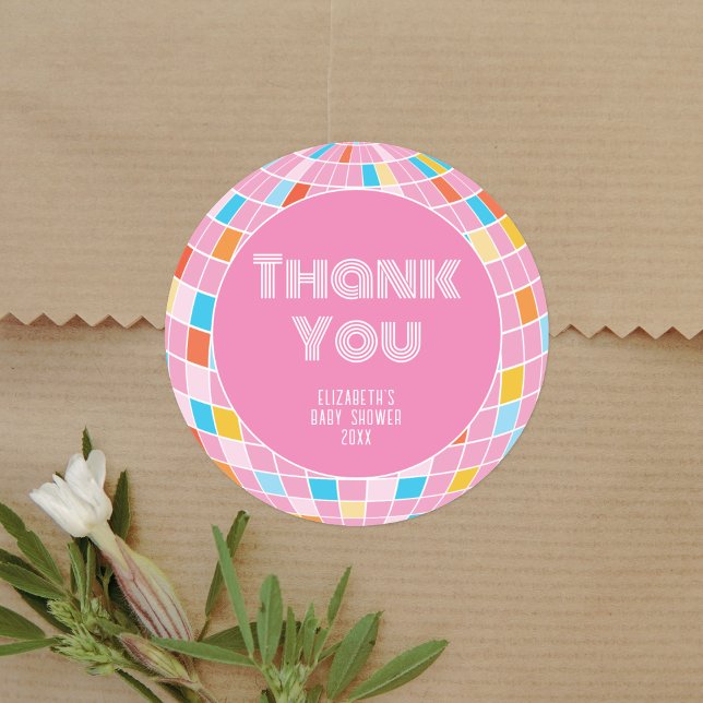 Retro Pink Disco Ball Girl Baby Shower Thank You Classic Round Sticker (Creator Uploaded)