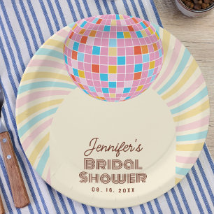 Retro Pink Disco Ball Groovy Boho Bridal Shower Paper Plate