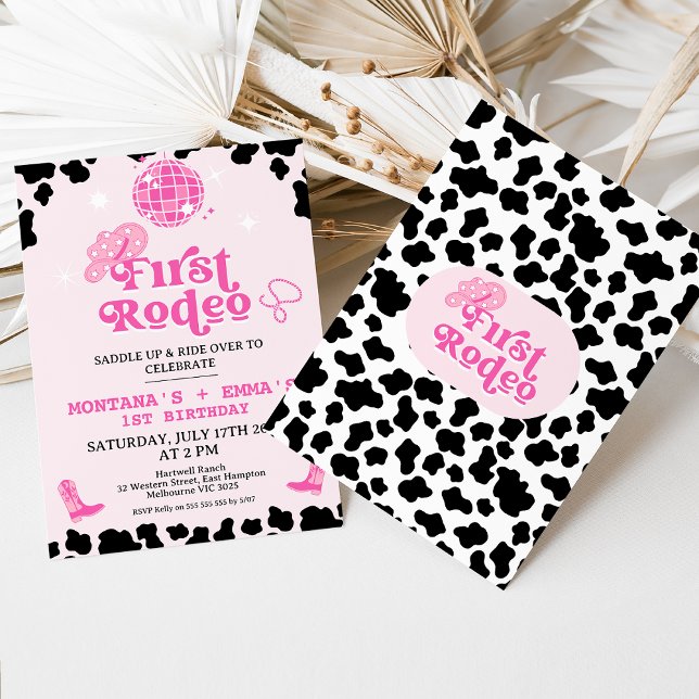 Retro Pink Disco Twins First Rodeo 1st Birthday Invitation (Twin Girls First Rodeo Birthday Invitation, 1st Rodeo Birthday Invite, Southwestern Ranch Western)