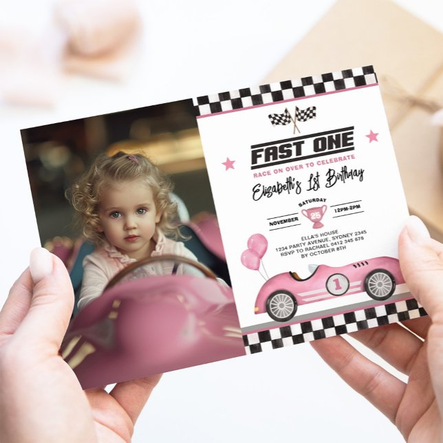 Retro Pink Fast One Race Car 1st Birthday Photo Invitation (Creator Uploaded)