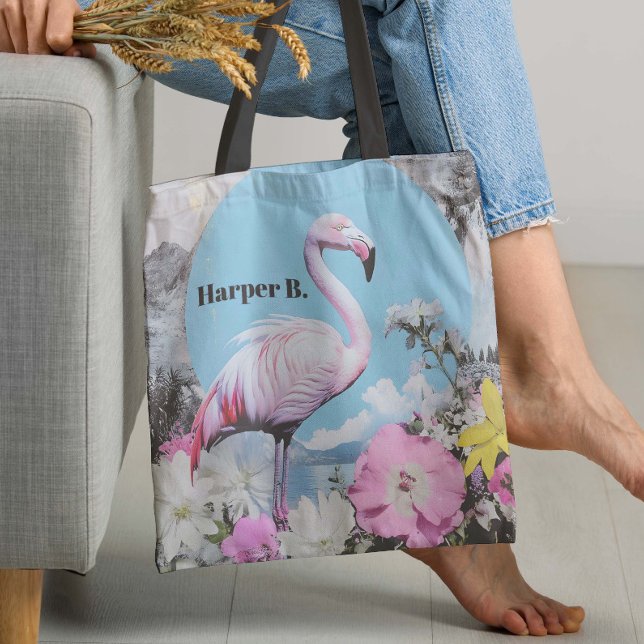 Retro Pink Flamingo Collage Tote Bag (Prepare to "Flamingle" with this retro collage Flamingo design!)