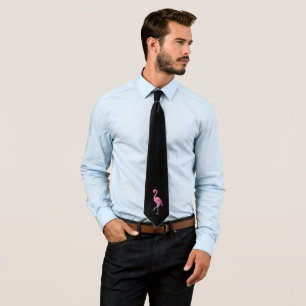 Retro Pink Flamingo on Black Background Tie