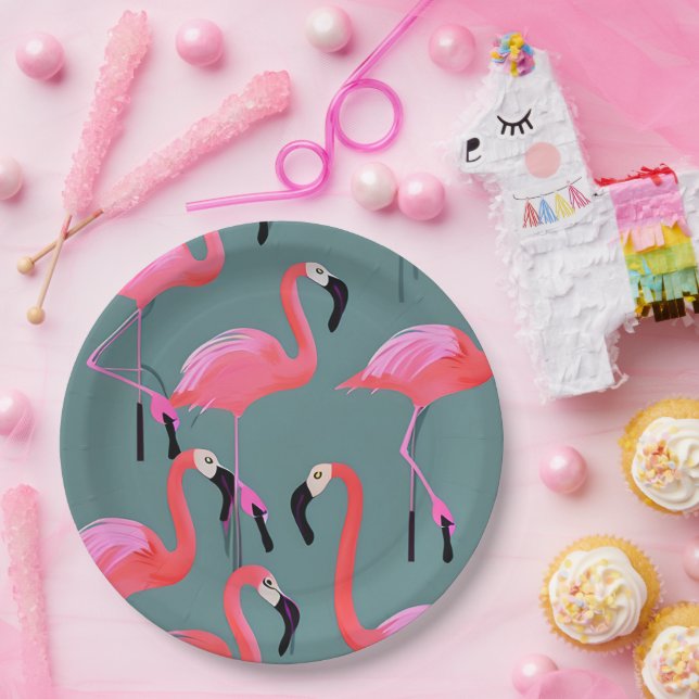 Retro pink flamingos paper plate (Party)