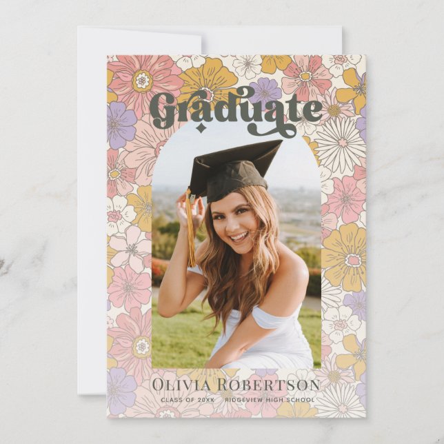 Retro Pink Floral Arch Graduation Announcement (Front)