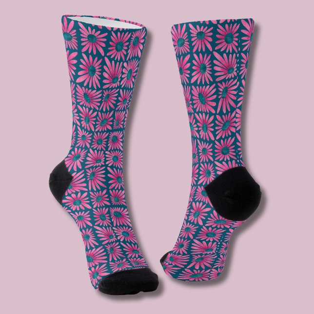 Retro Pink Floral Block Print Daisy Socks (Pink floral daisy retro block print socks)