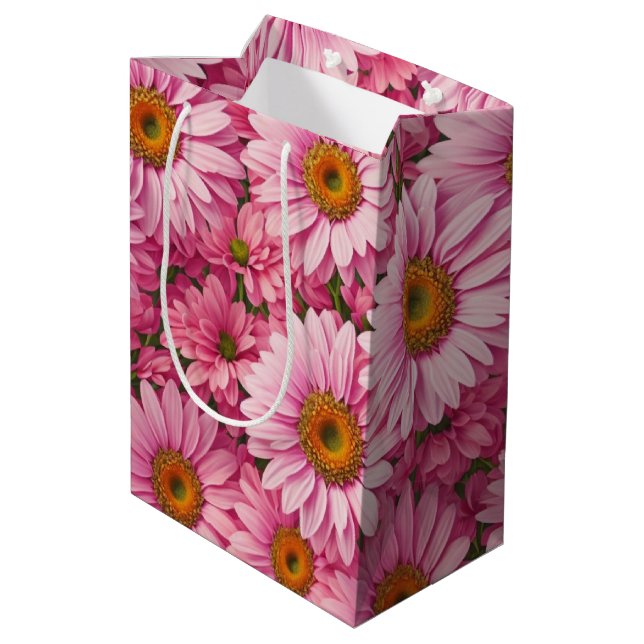 Retro pink floral daisy pattern medium gift bag (Back Angled)